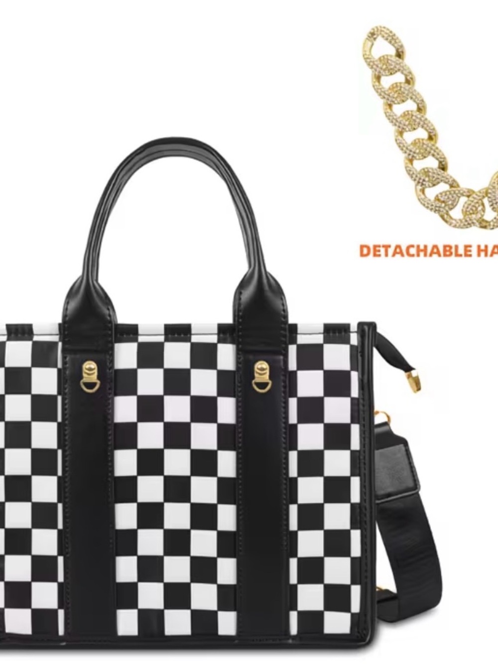 Black & White Checkerboard Tote with Gold Accents